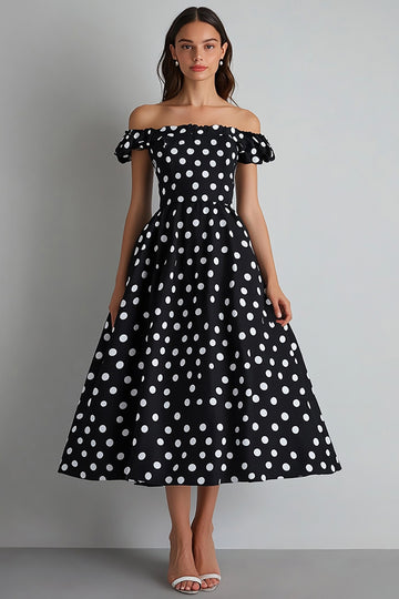 Black Off The Shoulder A Line White Polka Dots Dress